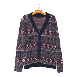 Zara Young Fair Isle V-Neck Cardigan Sweater Navy Red Medium Cozy Warm Cute
